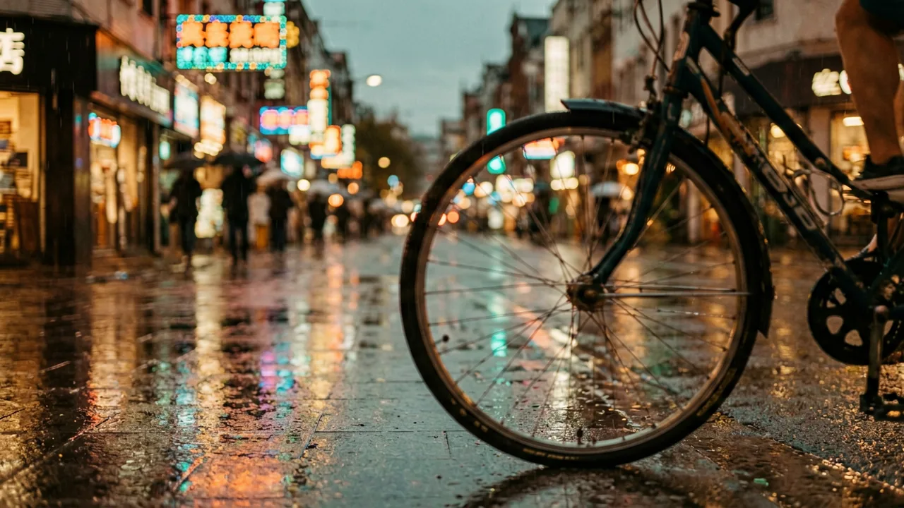 雨后傍晚街道与模糊霓虹倒影